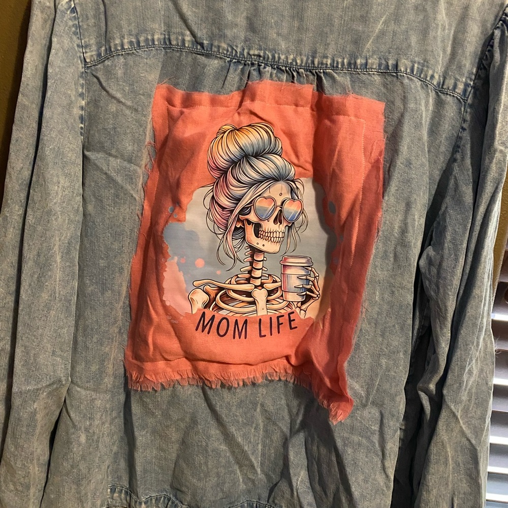Hand designed denim long sleeve shirt, women’s size XXXL (20)